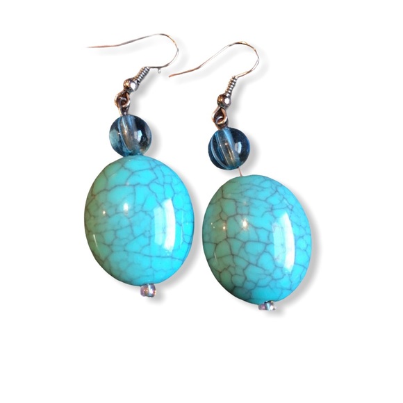 Turquoise Magnesite Stone Blue wiring dangle earring oval 2” - Picture 1 of 9
